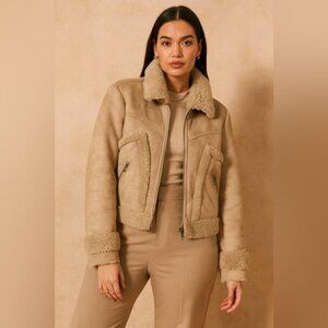 REVOLVE MOTHER Faux Shearling Jacket Tan Size S Women’s Aviator Moto Winter Coat
